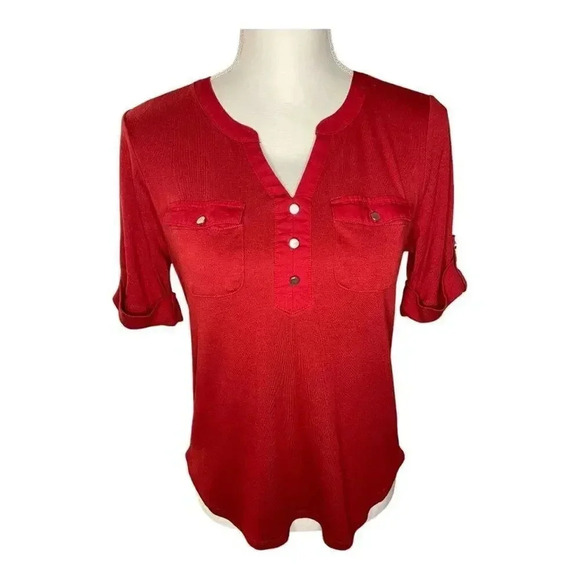 Women's Croft & Barrow Women’s Petite Small Roll-Tab‎ Utility Henley Top - Picture 1 of 4
